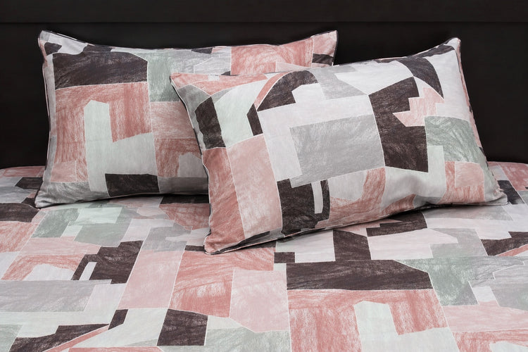 Sketch Mosaic Bed Sheet Set in Shades of Peach and Grey
