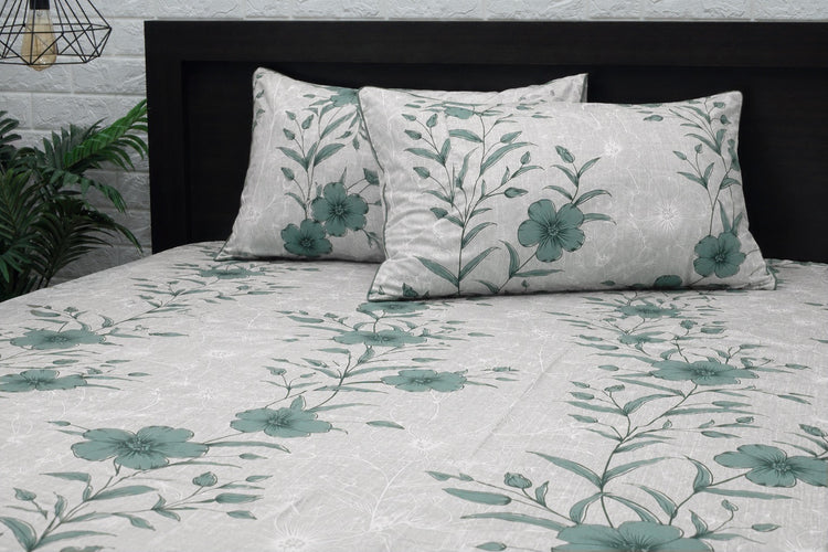 Grandiflora Bed Sheet Set in Shades of Grey and Green