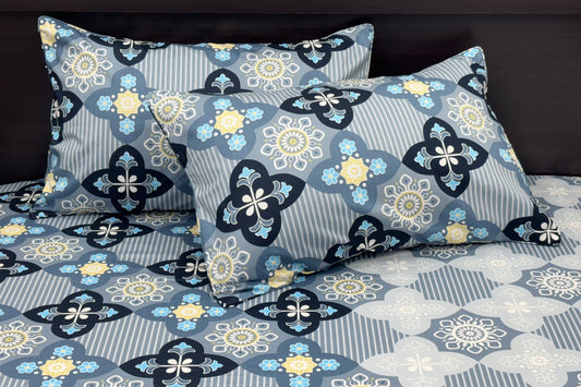A bed sheet set with a floral print design in blue color
