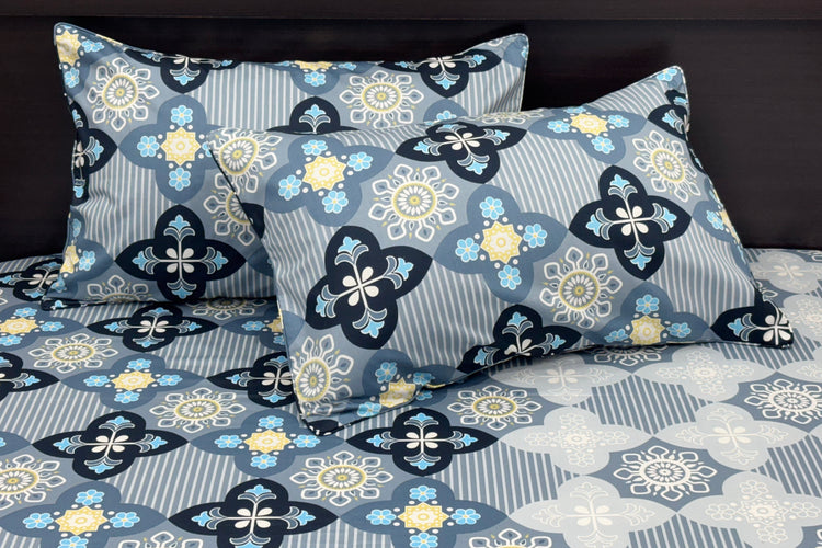 A bed sheet set with a floral print design in blue color