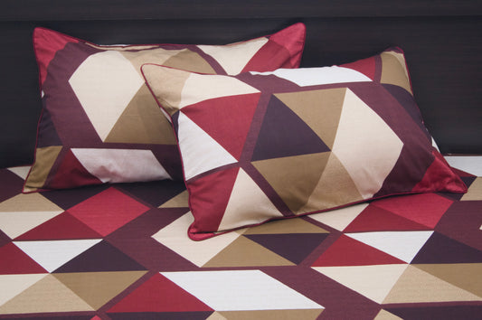 Mosaic Triangles Print Custom Bed Sheet Set in Shades of Red Maroon