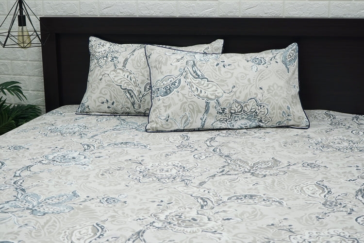 Arabic Floral Print Custom Bed Sheet Set in Shades of Beige and Blue