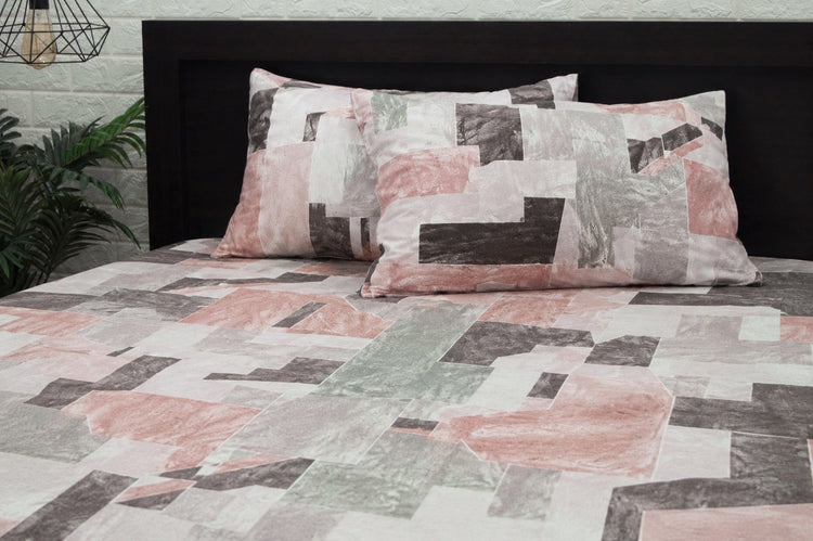 Sketch Mosaic Bed Sheet Set in Shades of Peach and Grey