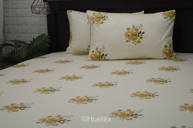 Serene Blooms Floral Print Custom Bed Sheet Set in Beige
