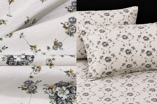 Grandmother’s Garden Bed Sheet Set in Shades of White and Grey