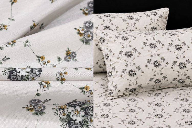 Grandmother’s Garden Bed Sheet Set in Shades of White and Grey