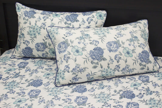 Budding English Floral Print Custom Bed Sheet Set in Blue Shade