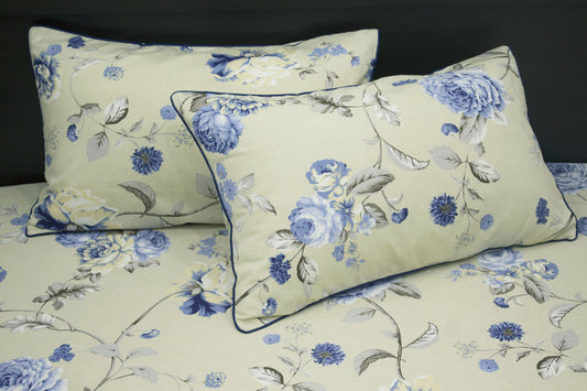 Indigo Blossoms Print Custom Bed Sheet Set in Blue and Off White Shade