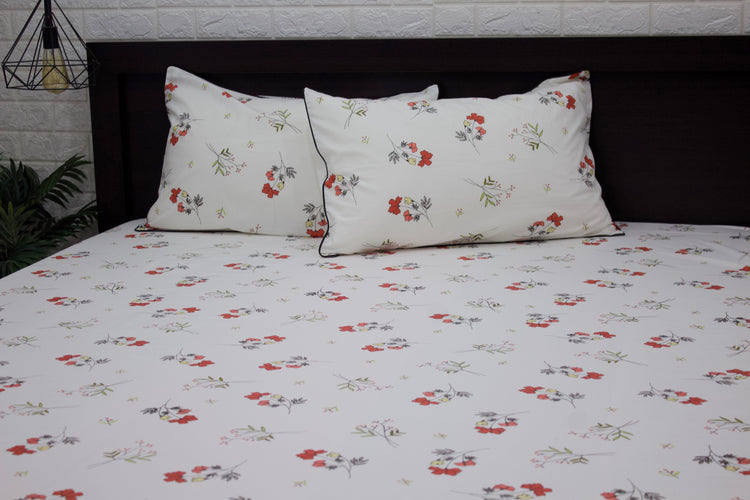 Red Periwinkle Floral Print Custom Bed Sheet Set on White