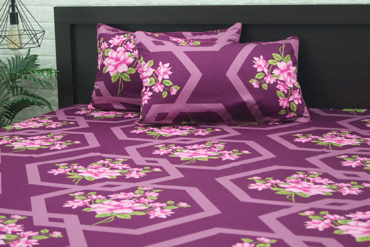 Bold Rose Print Custom Bed Sheet Set in Shades of Purple