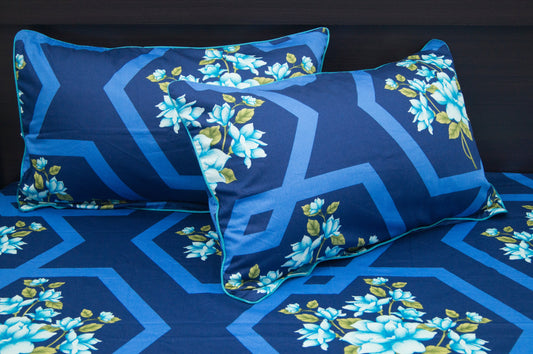 Bold Rose Print Custom Bed Sheet Set in Shades of Blue
