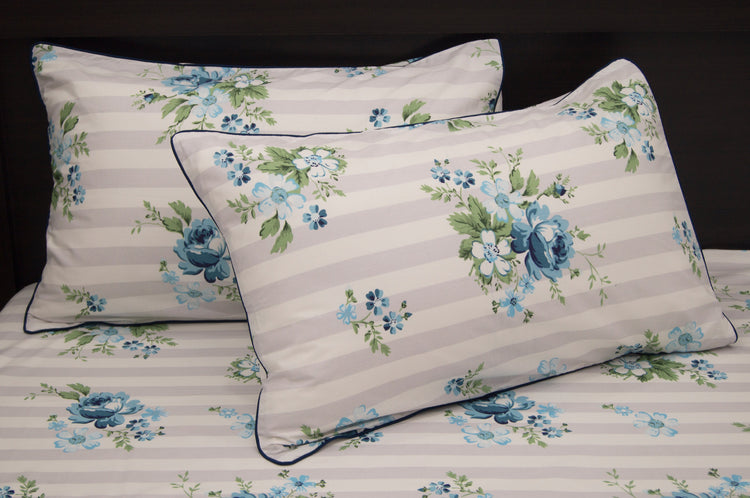 Stripes and Flowers Print Custom Bed Sheet Set in Blue
