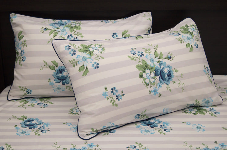 Stripes and Flowers Print Custom Bed Sheet Set in Blue