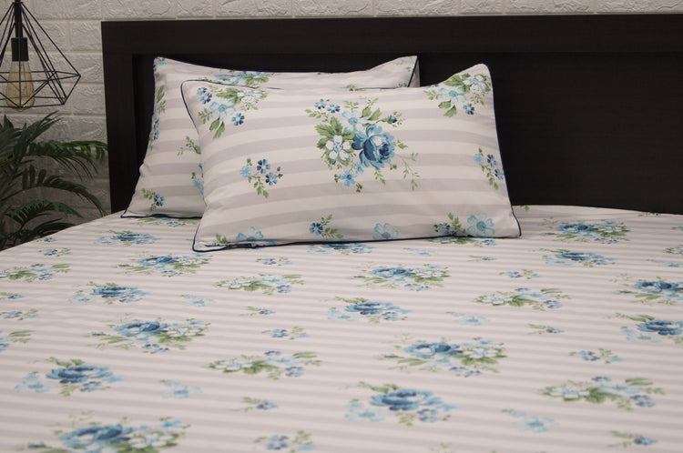 Stripes and Flowers Print Custom Bed Sheet Set in Blue