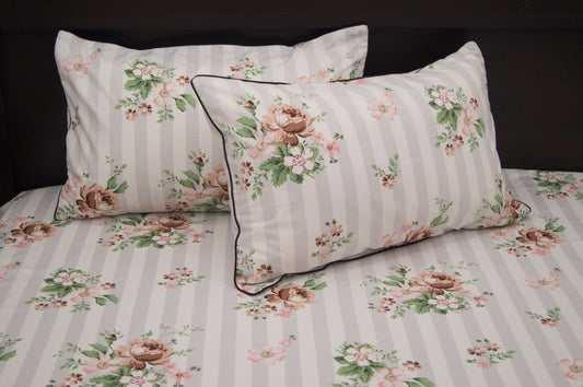 Stripes and Flowers Print Custom Bed Sheet Set in Beige