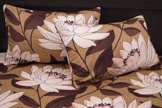 Lotus Print Custom Bed Sheet Set in Shades of Brown and Peach