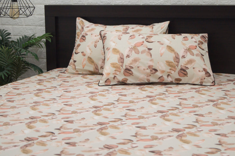 Custom bed sheet set with a leaves print in shades of brown 1.