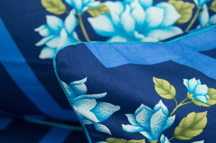 Bold Rose Print Custom Bed Sheet Set in Shades of Blue