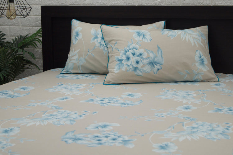 Blooming Floral Print Custom Bed Sheet Set in Shades of Beige and Teal