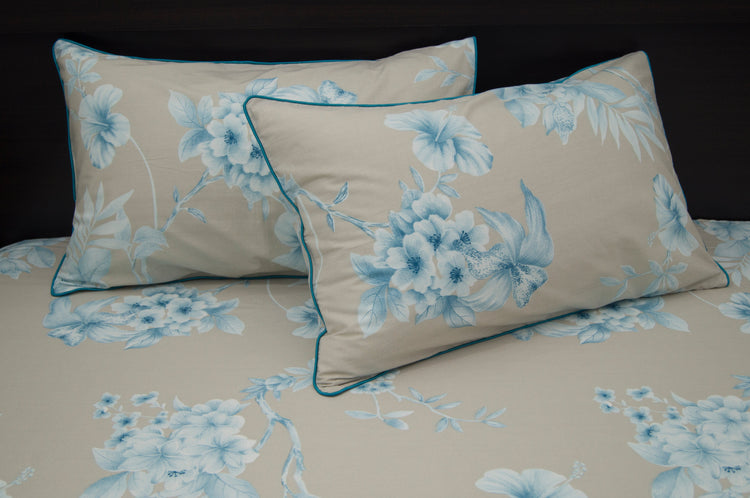 New Blooming Floral Print Custom Bed Sheet Set in Shades of Beige and Teal