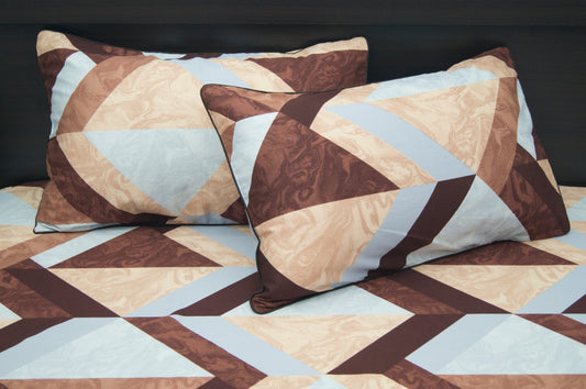 Dark Geometric Print Glace Cotton Custom Bed Sheet Set in Brown and Blue