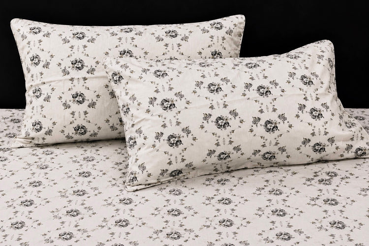 Grandmother’s Garden Bed Sheet Set in Shades of White and Grey