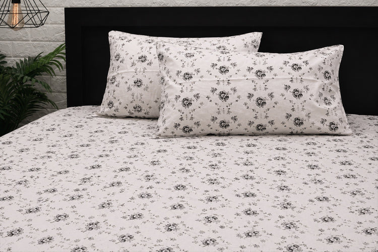 Grandmother’s Garden Bed Sheet Set in Shades of White and Grey