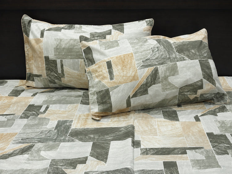 Sketch Mosaic Bed Sheet Set in Shades of Grey and Green