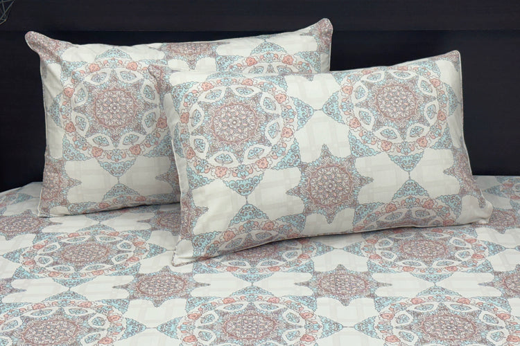 Custom bed sheet set  with geometric patterns in shades of white, blue, and pink1.