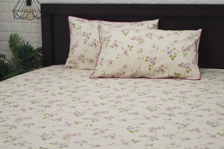 Garden Rose Vines Floral Print Custom Bed Sheet Set in Pink and Cream