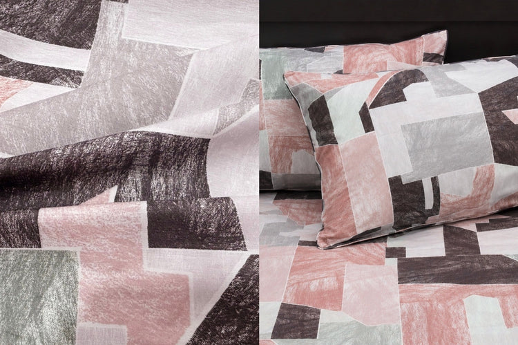 Sketch Mosaic Bed Sheet Set in Shades of Peach and Grey
