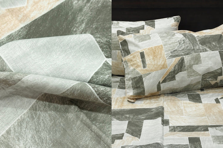 Sketch Mosaic Bed Sheet Set in Shades of Grey and Green