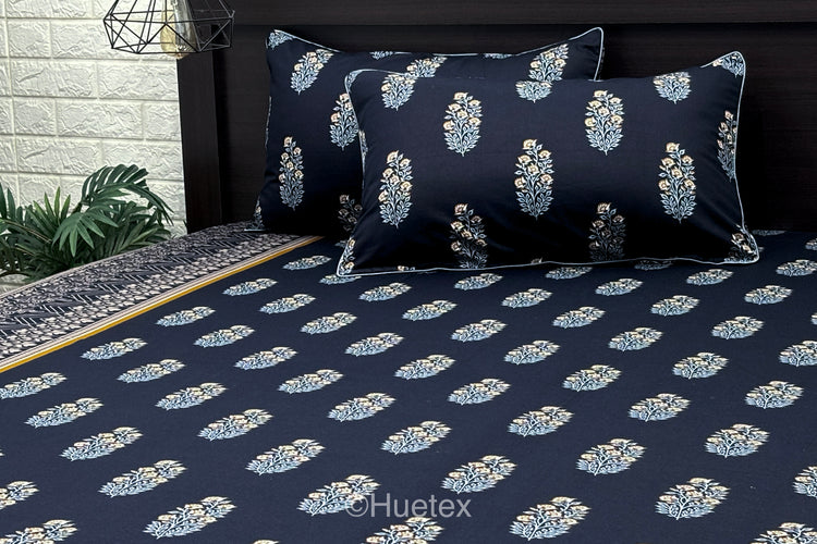 Midnight Flora Custom Bed Sheet Set in Blue