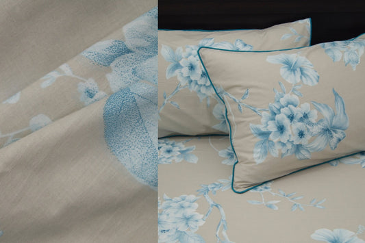 New Blooming Floral Print Custom Bed Sheet Set in Shades of Beige and Teal