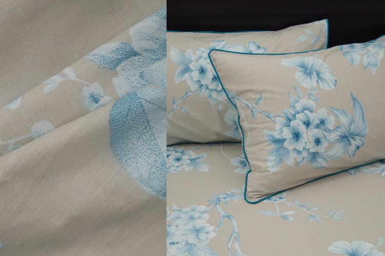 New Blooming Floral Print Custom Bed Sheet Set in Shades of Beige and Teal