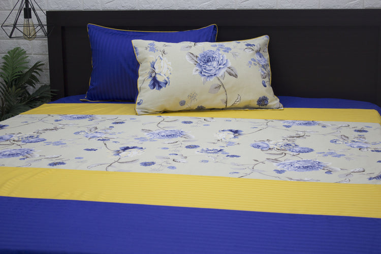 Contact Cascade of Custom Bed Sheet Set in Shades of Blue and Yellow