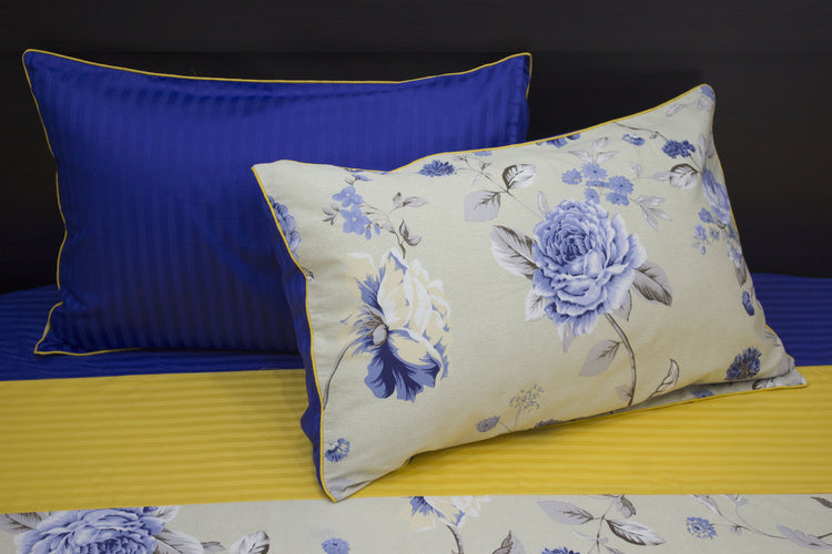 Contact Cascade of Custom Bed Sheet Set in Shades of Blue and Yellow