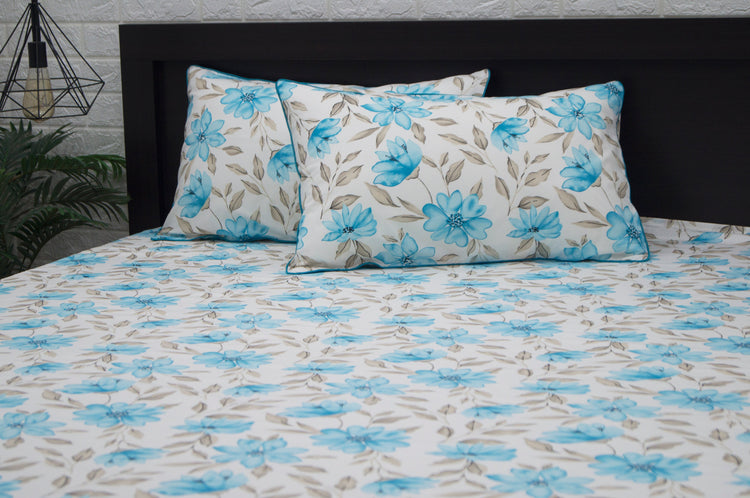 Floral Blossoms Print Custom Bed Sheet Set in Blue