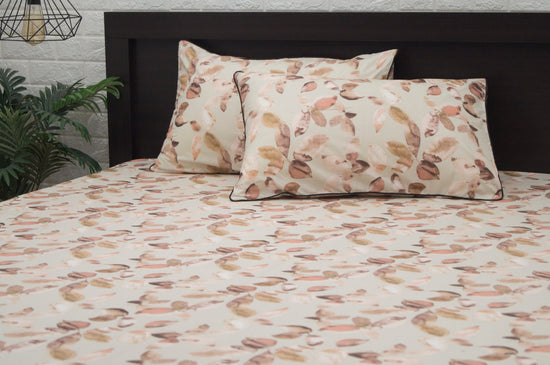 Custom bed sheet set with a leaves print in shades of brown 1.